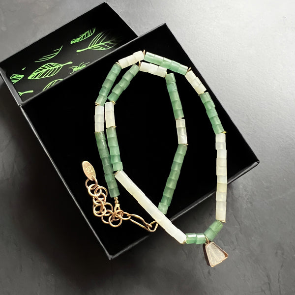 Aventurine Prehnite and Gold Filled Beaded Necklace, Adjustable Mermaid Boho Jewelry