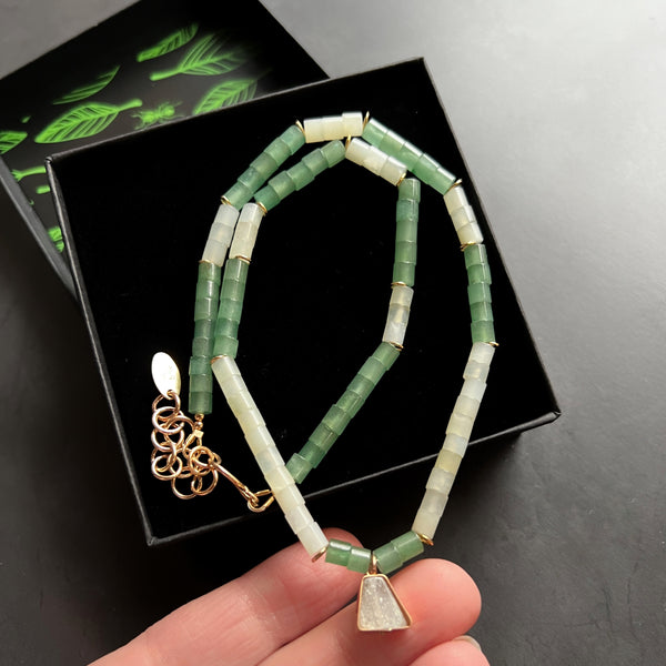 Aventurine Prehnite and Gold Filled Beaded Necklace, Adjustable Mermaid Boho Jewelry