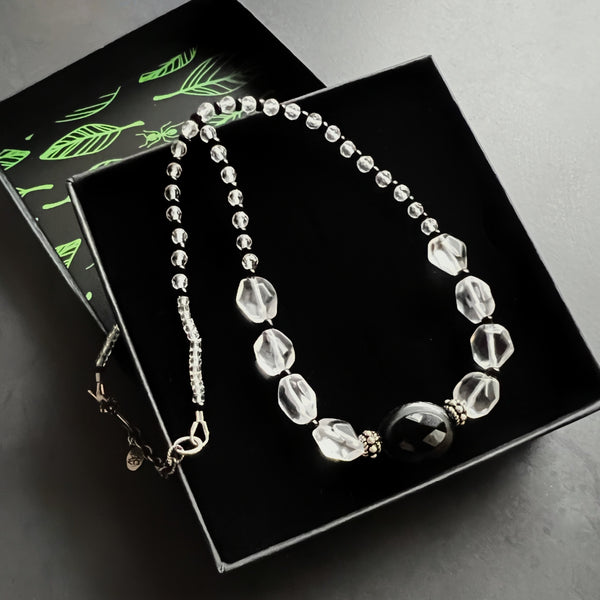 Quartz Crystal Choker, Black and Silver Choker Necklace, Sterling Silver Beaded Choker, Adjustable Layering Necklace, Ready to Ship Gift