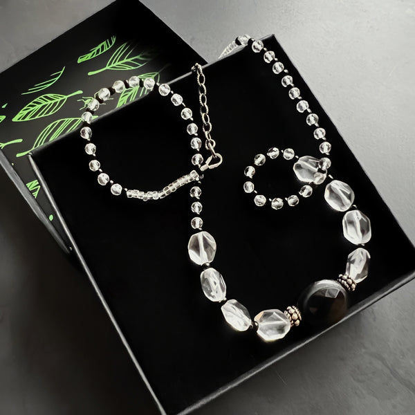 Quartz Crystal Choker, Black and Silver Choker Necklace, Sterling Silver Beaded Choker, Adjustable Layering Necklace, Ready to Ship Gift
