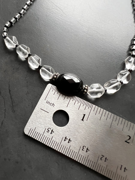 Quartz Crystal Choker, Black and Silver Choker Necklace, Sterling Silver Beaded Choker, Adjustable Layering Necklace, Ready to Ship Gift