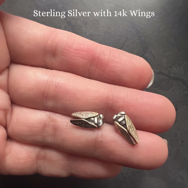 Hand Cast Sterling Silver Cicada Stud Insect Earrings – Also Available in Bronze, or Brass, or Silver with 14k Wings – Nature Jewelry