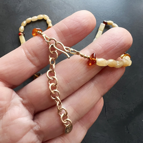 Genuine Amber and Gold Filled Adjustable Necklace Featuring Hand Carved Citrine Leaf Beads and Aventurine Beads — Boho Neutral Jewelry
