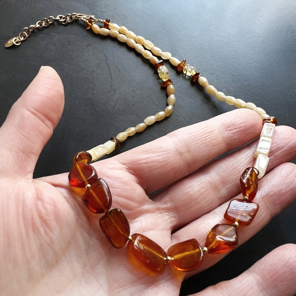 Genuine Amber and Gold Filled Adjustable Necklace Featuring Hand Carved Citrine Leaf Beads and Aventurine Beads — Boho Neutral Jewelry