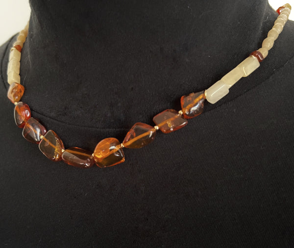 Genuine Amber and Gold Filled Adjustable Necklace Featuring Hand Carved Citrine Leaf Beads and Aventurine Beads — Boho Neutral Jewelry