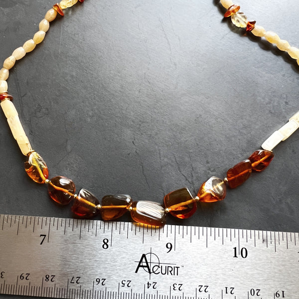 Genuine Amber and Gold Filled Adjustable Necklace Featuring Hand Carved Citrine Leaf Beads and Aventurine Beads — Boho Neutral Jewelry
