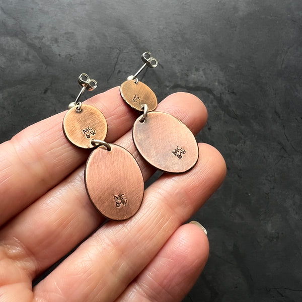 Etched Copper and Sterling Silver Pillbugs, Sow Bugs, or Roly Poly Isopod Earrings — from the new arthropod & insect jewelry collection