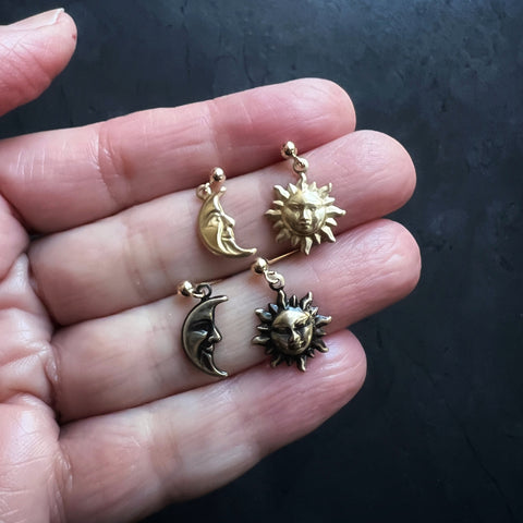 Sun & Moon Dangle Earrings • Vintage Brass Shell Stampings • Gold Filled Posts • Bright Gold or Antiqued Gold Celestial Jewelry
