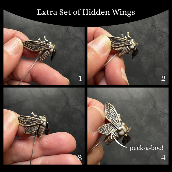 Sterling Silver and Brass Cicada Stick Pin with Four Articulated Wings — Unique Handcrafted Gift for Insect and Nature Lovers — Bug Jewelry