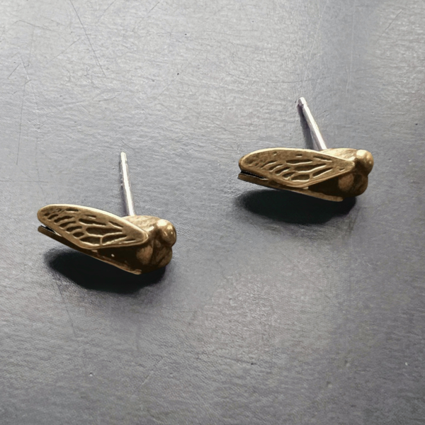 Hand Cast Sterling Silver Cicada Stud Insect Earrings – Also Available in Bronze, or Brass, or Silver with 14k Wings – Nature Jewelry