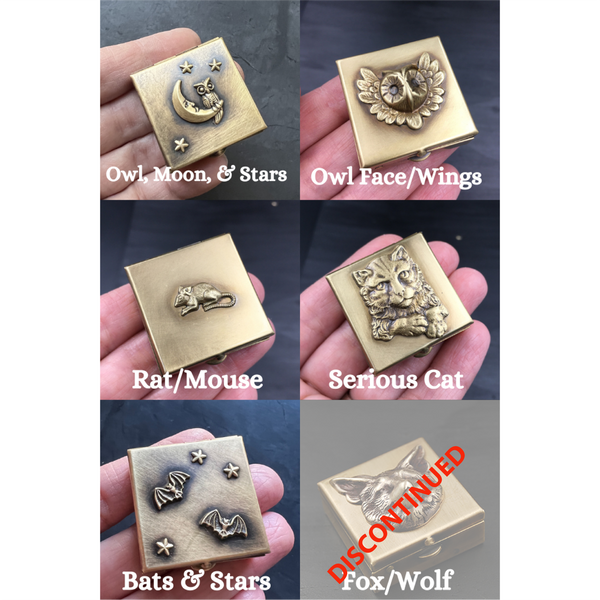 Customizable Decorative 1.25" Square Brass Pill Box with Your Choice of Skull, Insect, Animal, or Celestial Theme!