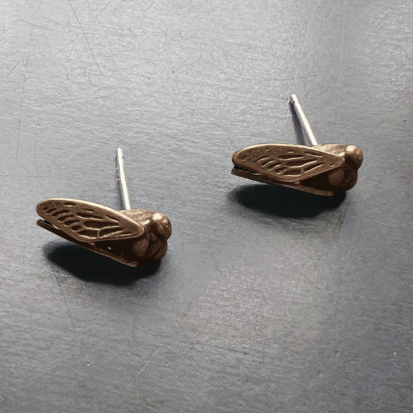 Hand Cast Sterling Silver Cicada Stud Insect Earrings – Also Available in Bronze, or Brass, or Silver with 14k Wings – Nature Jewelry