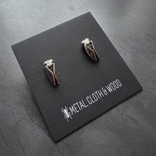 Hand Cast Sterling Silver Cicada Stud Insect Earrings – Also Available in Bronze, or Brass, or Silver with 14k Wings – Nature Jewelry