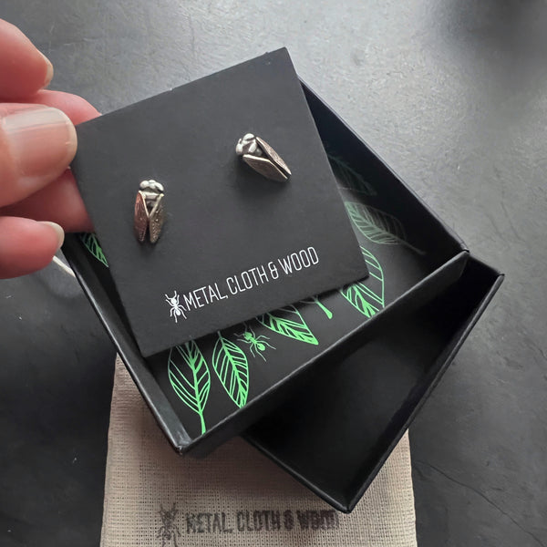 Hand Cast Sterling Silver Cicada Stud Insect Earrings – Also Available in Bronze, or Brass, or Silver with 14k Wings – Nature Jewelry