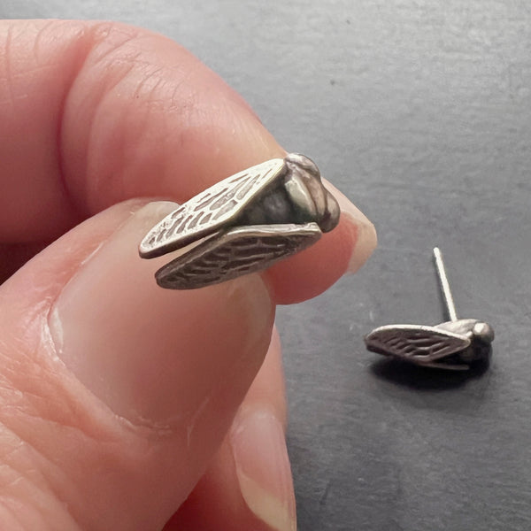Hand Cast Sterling Silver Cicada Stud Insect Earrings – Also Available in Bronze, or Brass, or Silver with 14k Wings – Nature Jewelry