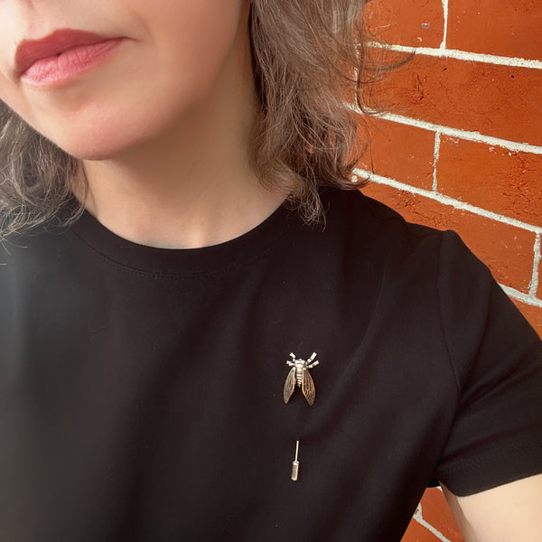 Sterling Silver and Brass Cicada Stick Pin with Four Articulated Wings — Unique Handcrafted Gift for Insect and Nature Lovers — Bug Jewelry