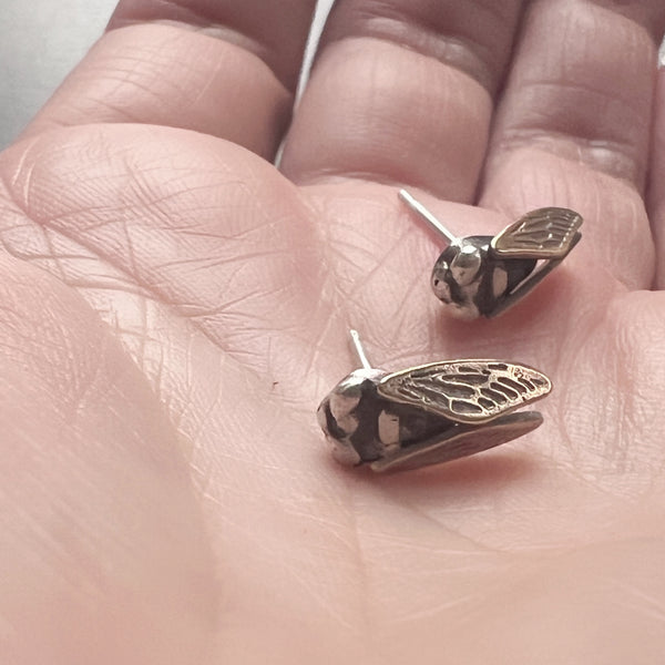 Hand Cast Sterling Silver Cicada Stud Insect Earrings – Also Available in Bronze, or Brass, or Silver with 14k Wings – Nature Jewelry