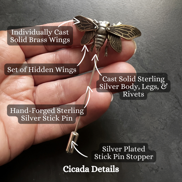 Sterling Silver and Brass Cicada Stick Pin with Four Articulated Wings — Unique Handcrafted Gift for Insect and Nature Lovers — Bug Jewelry