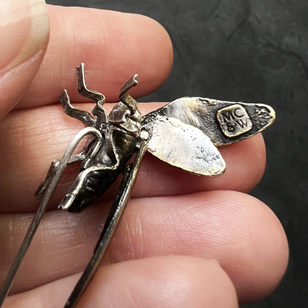 Sterling Silver and Brass Cicada Stick Pin with Four Articulated Wings — Unique Handcrafted Gift for Insect and Nature Lovers — Bug Jewelry