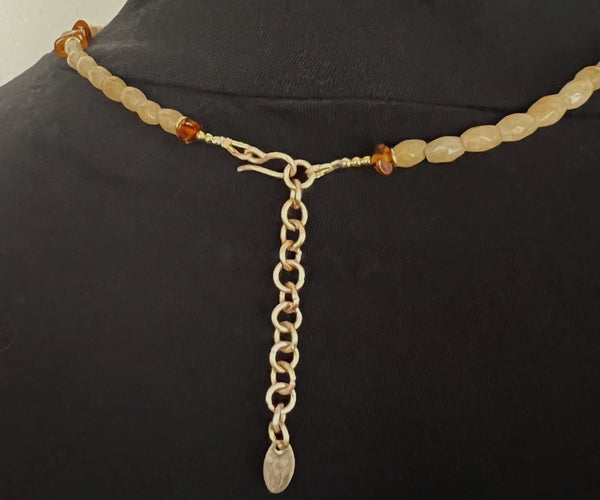 Genuine Amber and Gold Filled Adjustable Necklace Featuring Hand Carved Citrine Leaf Beads and Aventurine Beads — Boho Neutral Jewelry