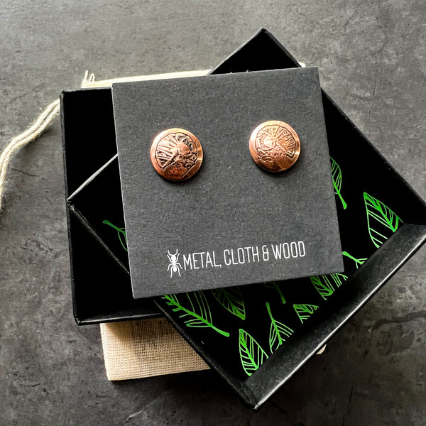 Copper and Sterling Silver Isopod Button Stud Earrings — Isopod Stud Earrings — Unique Gift for Gardener or Insect Jewelry Lover!
