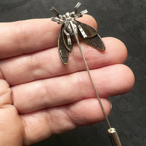 Sterling Silver and Brass Cicada Stick Pin with Four Articulated Wings — Unique Handcrafted Gift for Insect and Nature Lovers — Bug Jewelry