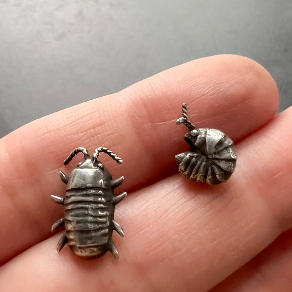 Mismatched Handmade Sterling Silver Isopod Stud Earrings — Also Available in Bronze — Perfect Pillbug Gift for Gardeners or Nature Lovers!