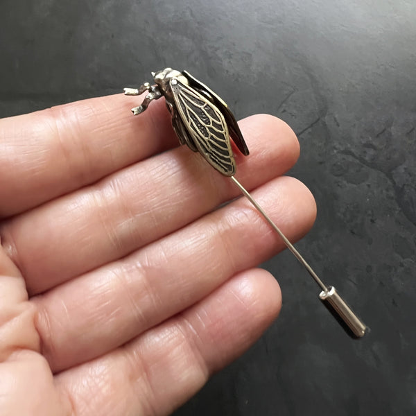 Sterling Silver and Brass Cicada Stick Pin with Four Articulated Wings — Unique Handcrafted Gift for Insect and Nature Lovers — Bug Jewelry