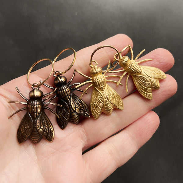 Insect Charm Hoop Earrings with Gold Filled Hoops and Option of Brass Flies, Cicadas, or Dragonflies in a Bright Gold or Antiqued Finish!