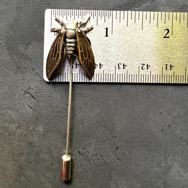 Sterling Silver and Brass Cicada Stick Pin with Four Articulated Wings — Unique Handcrafted Gift for Insect and Nature Lovers — Bug Jewelry