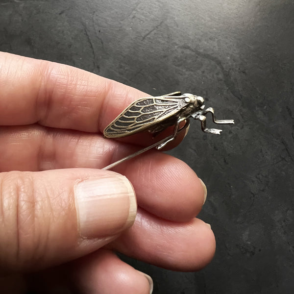Sterling Silver and Brass Cicada Stick Pin with Four Articulated Wings — Unique Handcrafted Gift for Insect and Nature Lovers — Bug Jewelry