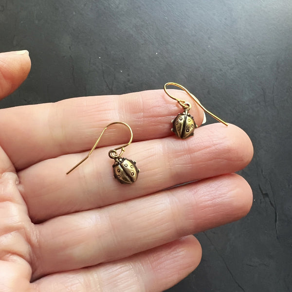 Tiny Ladybug Dangle Earrings • Gold Filled Ear Wires • Vintage Brass Stampings • Petite Bug Charm Earrings • Nature Jewelry • Gift for Her