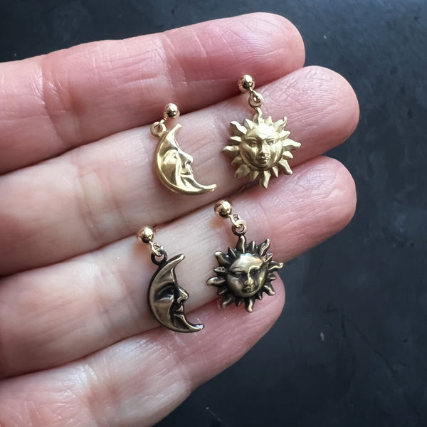 Sun & Moon Dangle Earrings • Vintage Brass Shell Stampings • Gold Filled Posts • Bright Gold or Antiqued Gold Celestial Jewelry