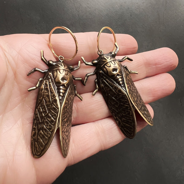 Insect Charm Hoop Earrings with Gold Filled Hoops and Option of Brass Flies, Cicadas, or Dragonflies in a Bright Gold or Antiqued Finish!