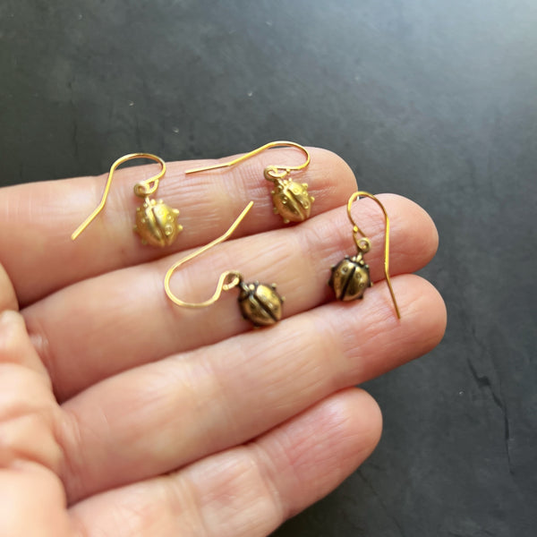 Tiny Ladybug Dangle Earrings • Gold Filled Ear Wires • Vintage Brass Stampings • Petite Bug Charm Earrings • Nature Jewelry • Gift for Her
