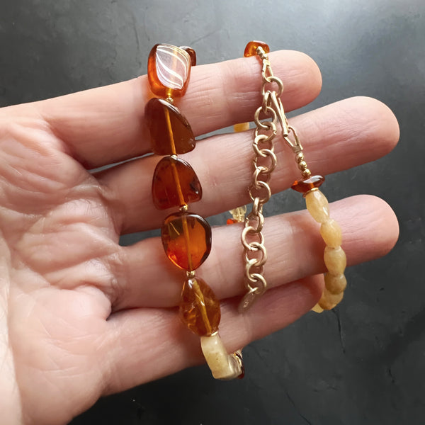 Genuine Amber and Gold Filled Adjustable Necklace Featuring Hand Carved Citrine Leaf Beads and Aventurine Beads — Boho Neutral Jewelry