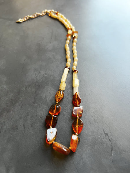 Genuine Amber and Gold Filled Adjustable Necklace Featuring Hand Carved Citrine Leaf Beads and Aventurine Beads — Boho Neutral Jewelry