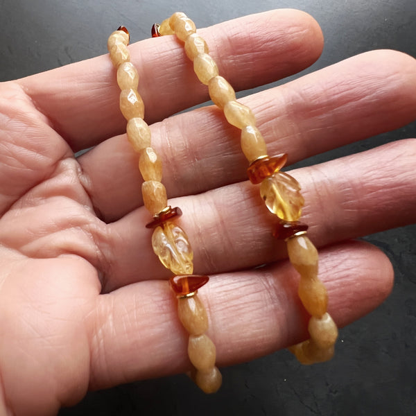 Genuine Amber and Gold Filled Adjustable Necklace Featuring Hand Carved Citrine Leaf Beads and Aventurine Beads — Boho Neutral Jewelry