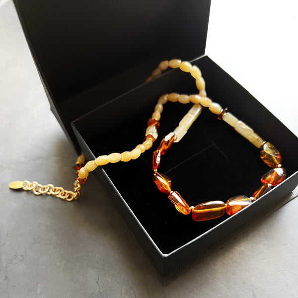Genuine Amber and Gold Filled Adjustable Necklace Featuring Hand Carved Citrine Leaf Beads and Aventurine Beads — Boho Neutral Jewelry