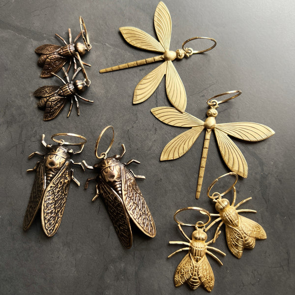 Insect Charm Hoop Earrings with Gold Filled Hoops and Option of Brass Flies, Cicadas, or Dragonflies in a Bright Gold or Antiqued Finish!