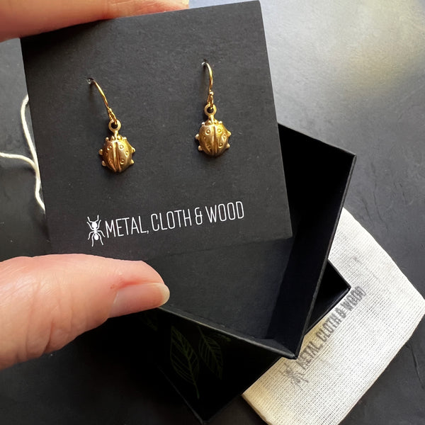 Tiny Ladybug Dangle Earrings • Gold Filled Ear Wires • Vintage Brass Stampings • Petite Bug Charm Earrings • Nature Jewelry • Gift for Her