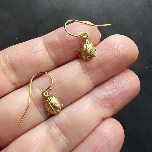 Tiny Ladybug Dangle Earrings • Gold Filled Ear Wires • Vintage Brass Stampings • Petite Bug Charm Earrings • Nature Jewelry • Gift for Her