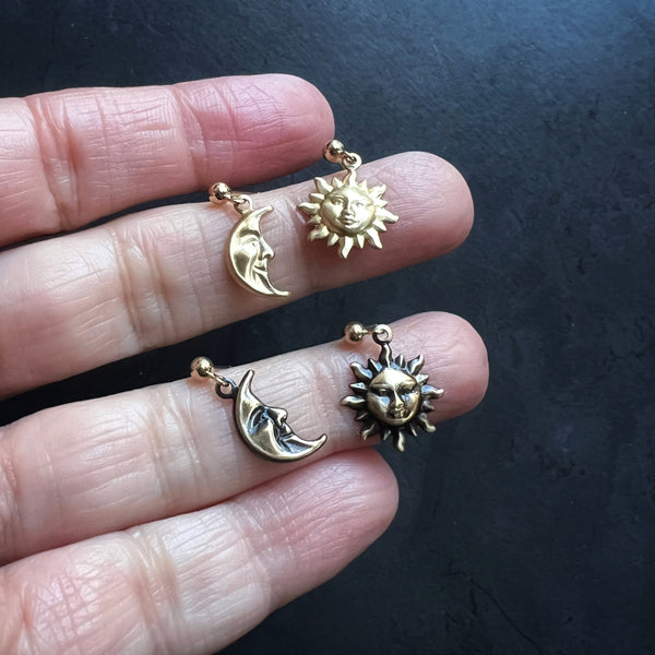 Sun & Moon Dangle Earrings • Vintage Brass Shell Stampings • Gold Filled Posts • Bright Gold or Antiqued Gold Celestial Jewelry