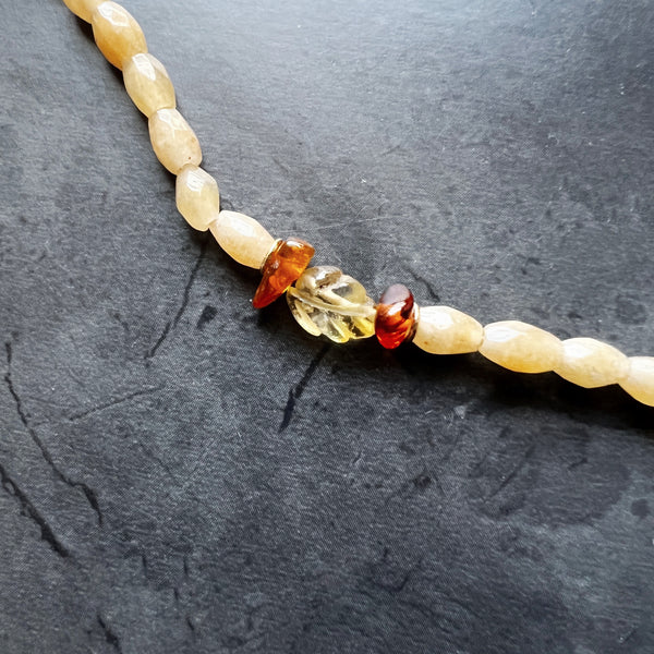 Genuine Amber and Gold Filled Adjustable Necklace Featuring Hand Carved Citrine Leaf Beads and Aventurine Beads — Boho Neutral Jewelry