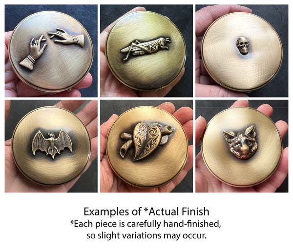 Customizable 2.6" Round Brass Pill or Trinket Box with Your Choice of 3D Lid Decor — Choose Skull, Animals, Insects, or Celestial Motifs