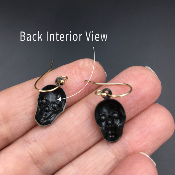 Gold Skull Dangle Earrings -- Handmade Cute Goth Brass Skull Drop Earrings with Gold Filled Leverbacks