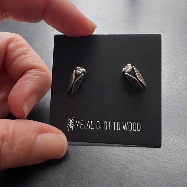 Hand Cast Sterling Silver Cicada Stud Insect Earrings – Also Available in Bronze, or Brass, or Silver with 14k Wings – Nature Jewelry