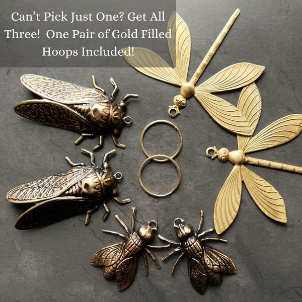Insect Charm Hoop Earrings with Gold Filled Hoops and Option of Brass Flies, Cicadas, or Dragonflies in a Bright Gold or Antiqued Finish!