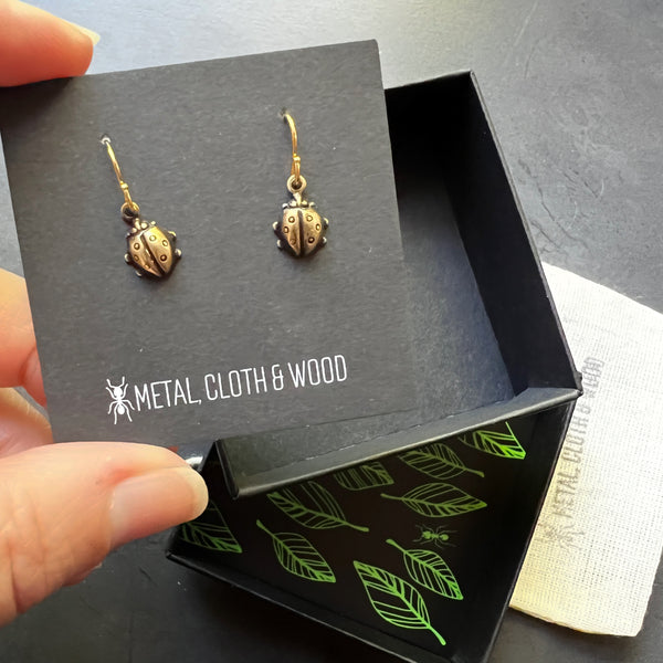 Tiny Ladybug Dangle Earrings • Gold Filled Ear Wires • Vintage Brass Stampings • Petite Bug Charm Earrings • Nature Jewelry • Gift for Her