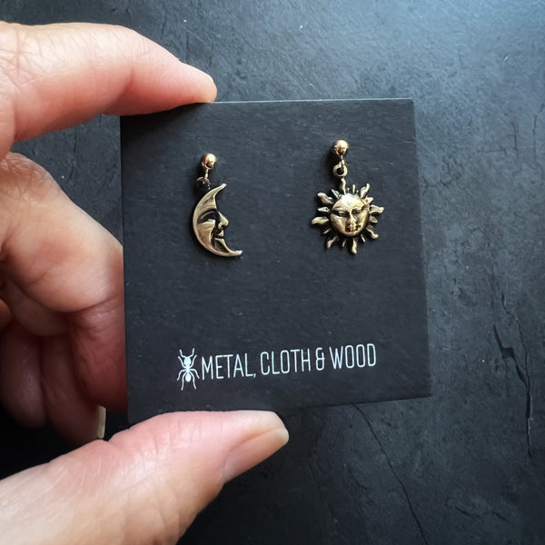Sun & Moon Dangle Earrings • Vintage Brass Shell Stampings • Gold Filled Posts • Bright Gold or Antiqued Gold Celestial Jewelry